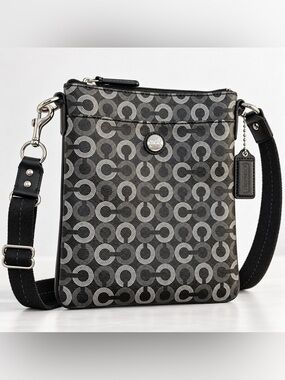 Vintage Coach Black & Gray Signature Circle Messenger Bag Y2K Designer Classic